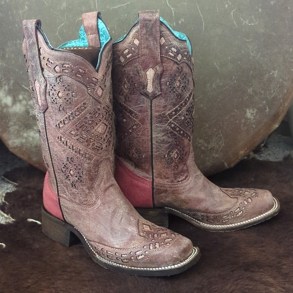 Corral Shoes - CORRAL A3812 distressed brown & coral leather square toe cowgirl boots sz 7 NIB